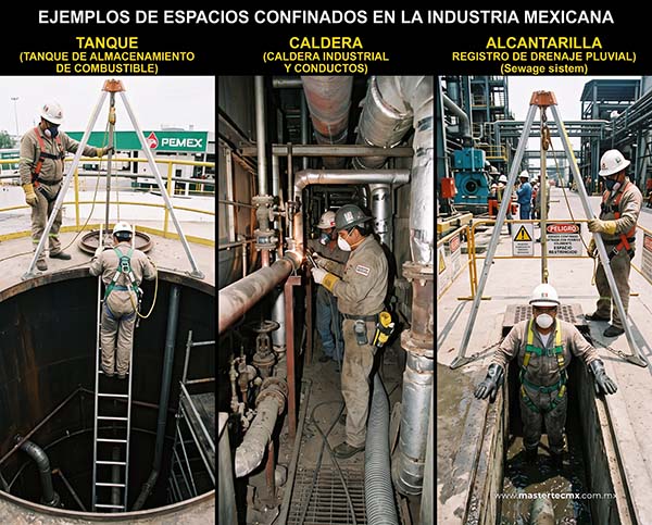 Ejemplos visuales de espacios confinados comunes